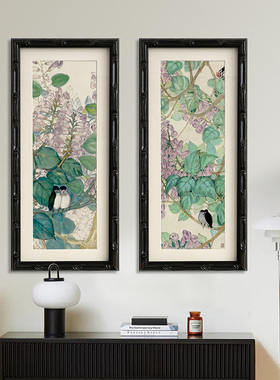 《紫藤恋语》g中古风绿色花鸟风景竖版挂画实木画框玄关边柜装饰