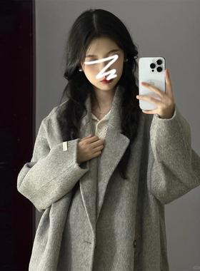 灰色毛呢外套呢子大衣女秋冬v加厚2023新款赫本中长款高级感小个