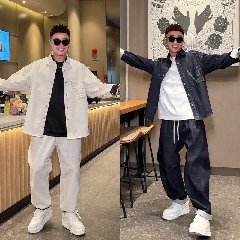 春夏新款男士牛仔套装男时尚纽扣长袖衬衫卷边弯刀裤运动休闲套装,男装,时尚套装,淘宝优惠券,粉丝福利购,淘宝优惠卷