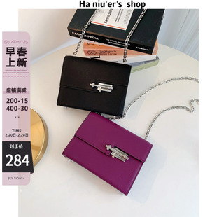 海葵紫插销包真皮百搭链条包女2022秋冬新款单肩斜挎小方包豆腐包