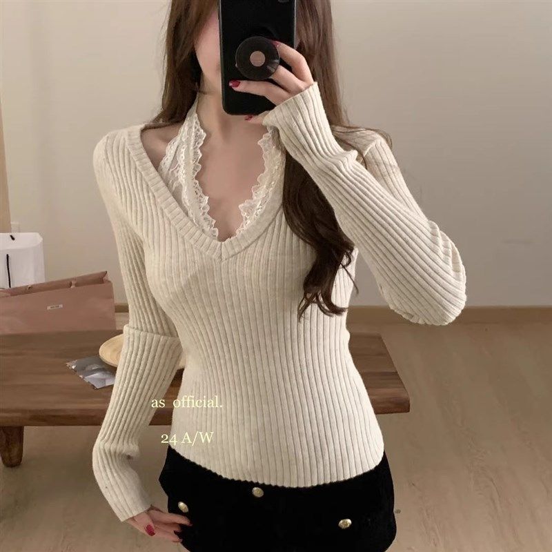2024秋冬V领挂脖针织衫女假两件蕾丝内搭毛衣设计感小众打底上衣,女装/女士精品,时尚防晒服,淘宝优惠券,粉丝福利购,淘宝优惠卷