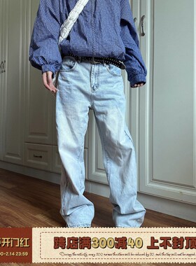 F383 2024美式高街水洗蓝色直筒微喇叭L牛仔裤男女潮牌修身百搭裤