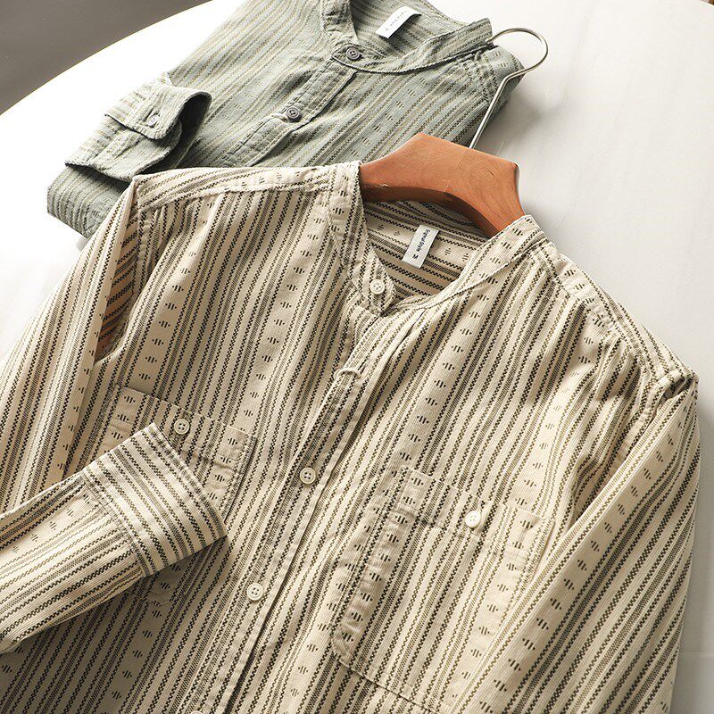 有腔调!立领文艺范!春季男士日系咔叽复古竖条纹立领长袖衬衫