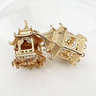 diy饰品d配件 铜保色立体镂空六角凉亭子吊坠古风宫灯发簪发冠材