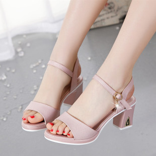 子真皮中跟鱼嘴女鞋 凉鞋 百搭粗跟一字扣带高跟鞋 女夏季 2021年新款
