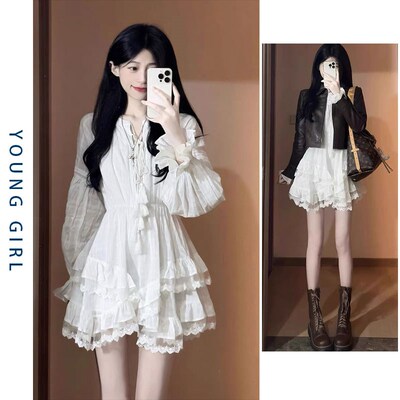 茶歇初恋白色不规则连衣裙t女小白裙仙女蛋糕裙收腰小个子茶系短