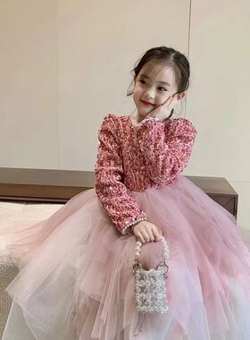 2023秋冬新款女童亮片公主连身裙洋派小女孩生日蓬蓬裙万圣节礼服