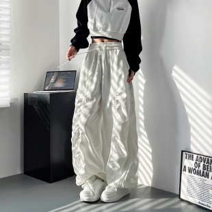 微胖女生秋季褶皱工装裤大码胖mm抽绳拖地阔腿裤酷飒宽松休闲裤子