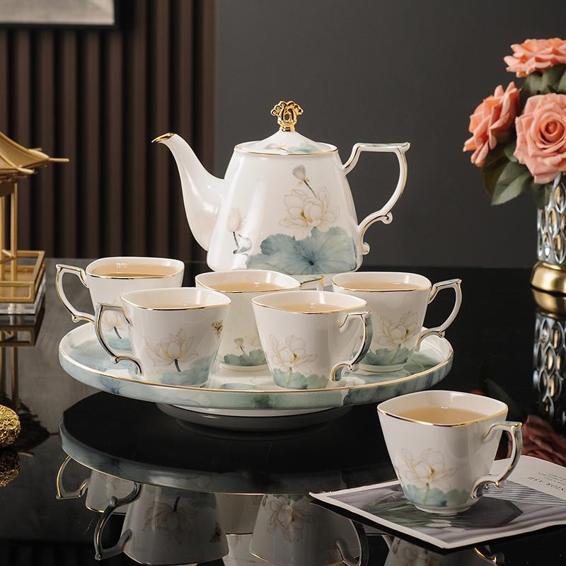 高白瓷家用茶壶水壶套装国潮风八件套水杯骨瓷咖啡具待Z客乔迁送