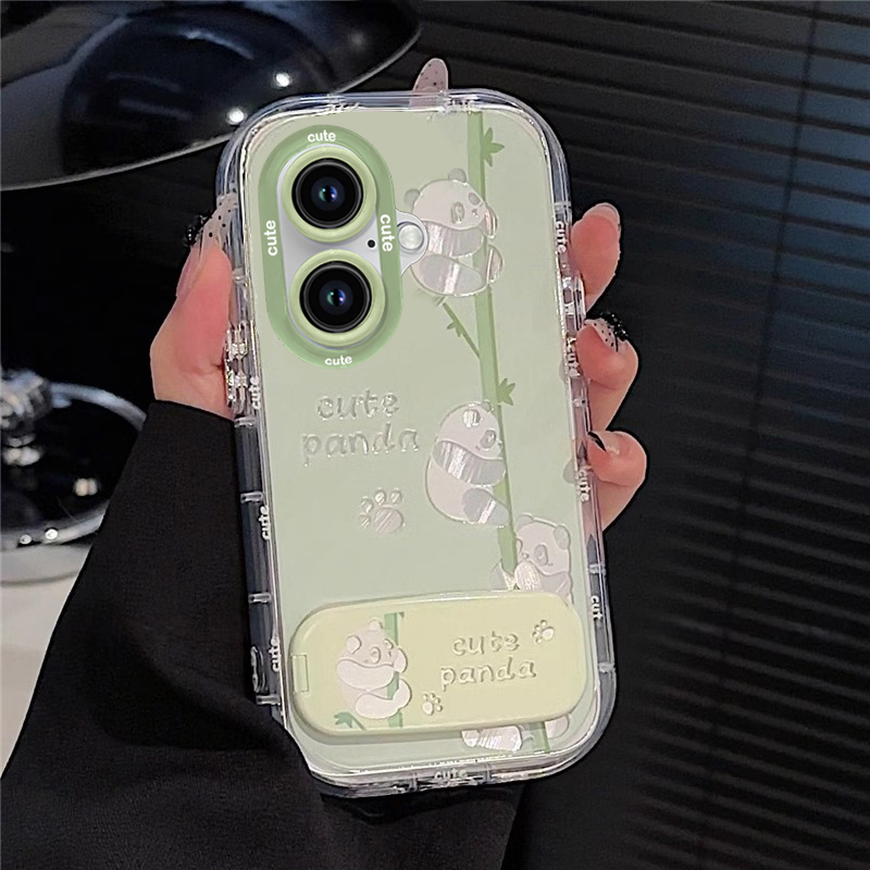适用苹果16E熊猫镜子支架Phone15promax手机壳14plus竹子13mini高级感12保护套11绿色8少女心7全包xsmax防摔6