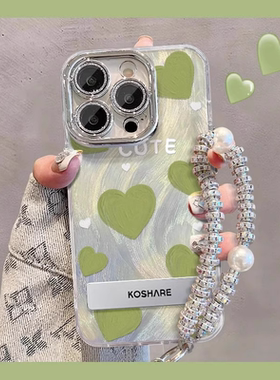 适用苹果15promax手机壳新款iphone14pro硅胶13防摔12可爱女网红11promax绿色爱心plus支架手链高级感全包
