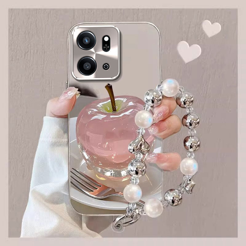 适用水晶苹果荣耀play7T手机壳6TPRO防摔6C保护套5T活力版女honor新款电镀镜面夏天夏日自带手链创意小众简约