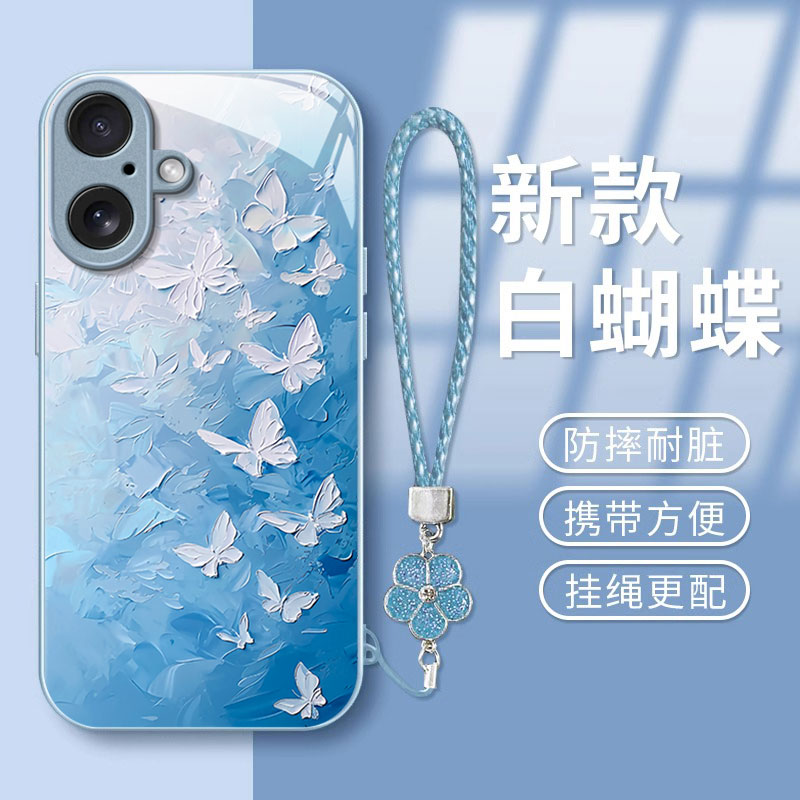 适用苹果16E油画蝴蝶iPhone15plus手机壳14promax金属漆13mini玻璃12新款11防摔8女7高级感xsmax全包6s保护套