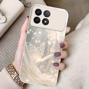 适用红米k70手机壳新款k60pro梦幻蝴蝶Redmi防摔k50至尊版可爱女网红k40pro创意k30s金属漆玻璃por高级感全包