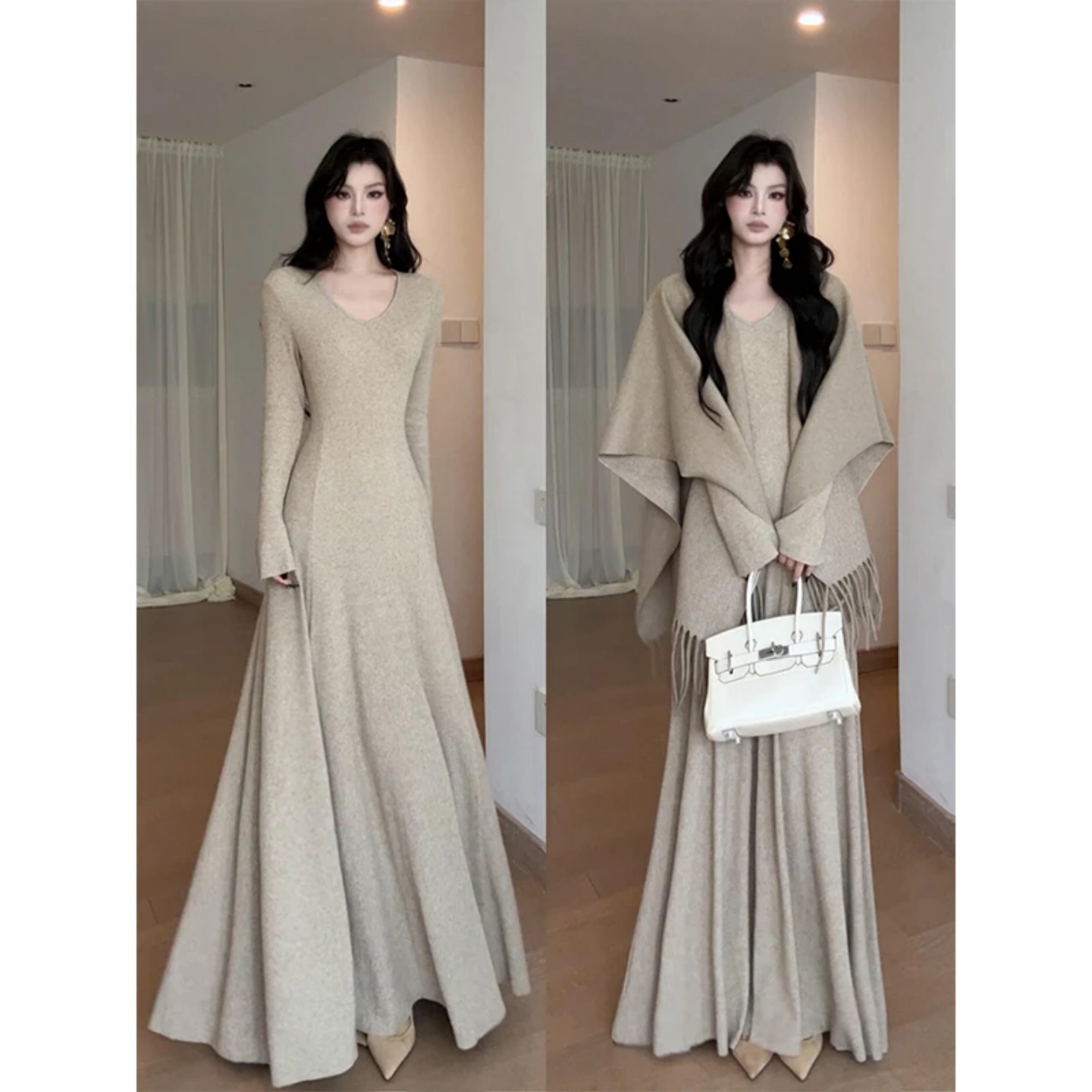 法式复古v领针织长袖连衣裙子女早秋季气质宽松外搭披肩斗篷套装