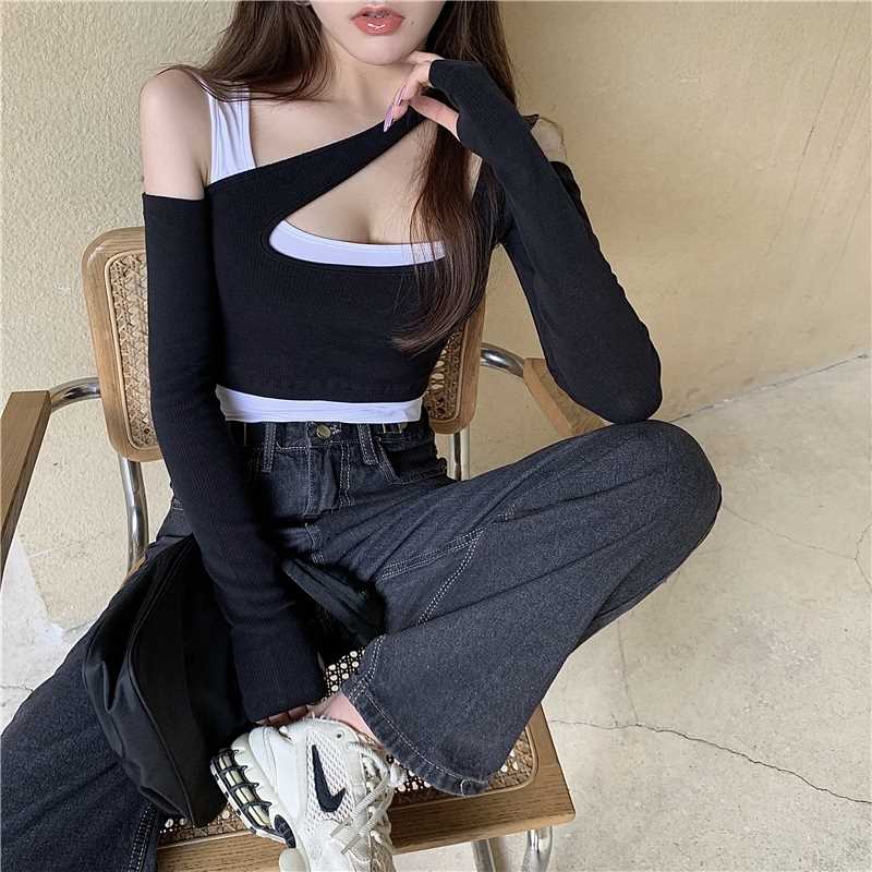 速发Sexy Patchwork Long Sleeve T-shirts Women Slim Fit Fashi