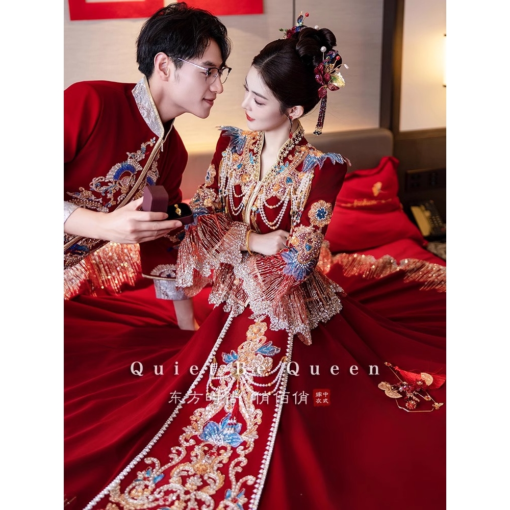 日本品质2025新款高端丝绒v领秀禾服新娘结婚凤冠霞帔小个子中式