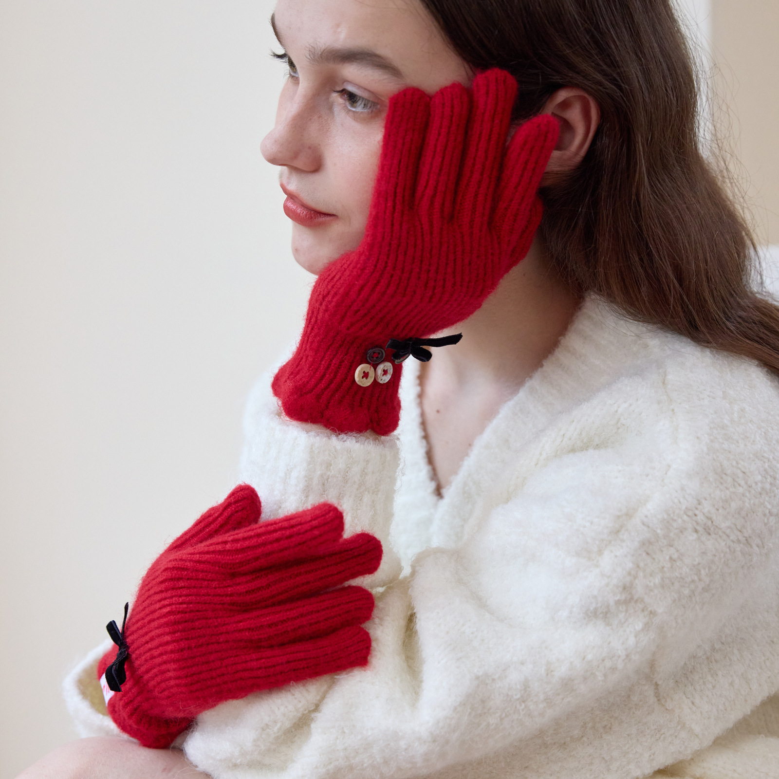 日本品质冬季小香风羊毛混纺针织手套女优雅分指可触屏蝴蝶结保暖