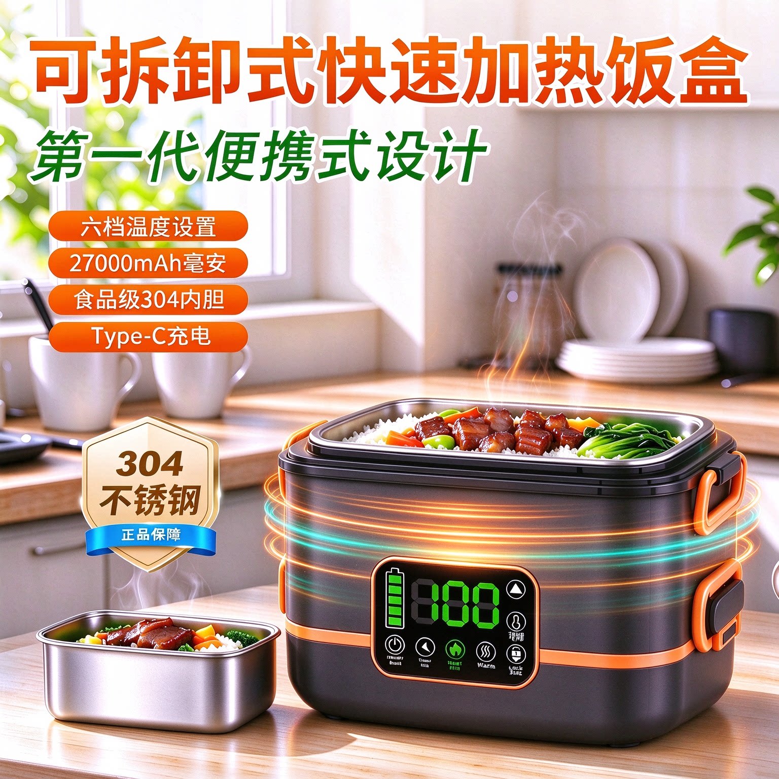 食品级充电便携电热饭盒不锈钢
