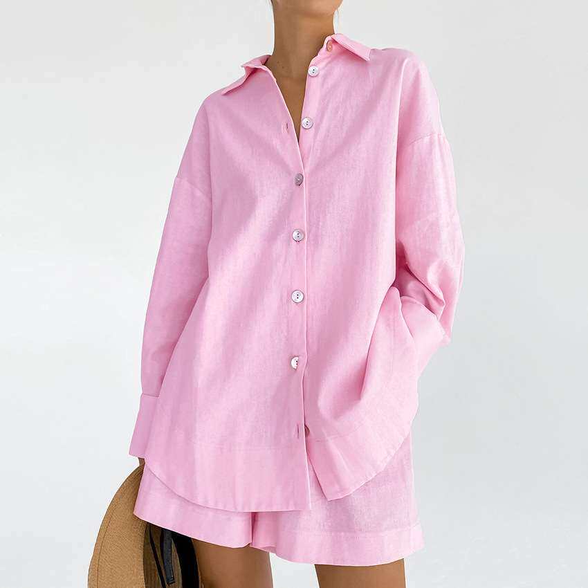 2024约纯棉两件套女装春夏新款衬衫套装欧美宽松女women clothes