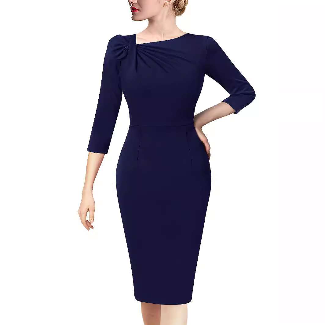 2024款纯色斜领褶皱职业优雅格子工作铅笔裙一步裙women clothes