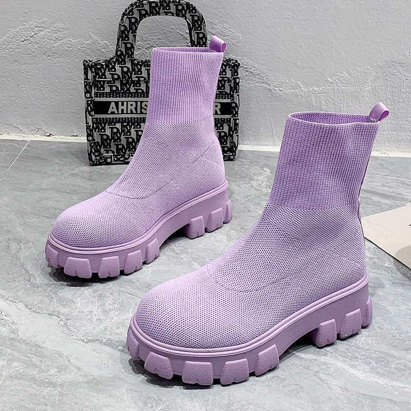 women shoes贸飞织运动短靴女秋冬新款女靴大码一脚蹬袜子靴2024