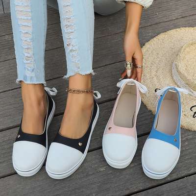 women shoes外贸大码女士平底单鞋temu纯色浅口舒适拼色外穿2024