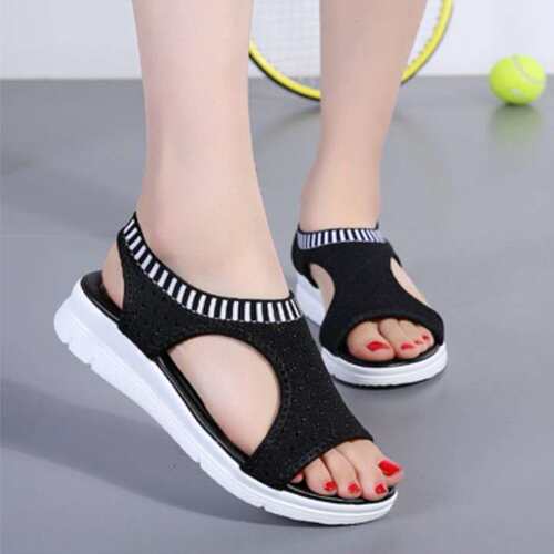 women shoes外贸大码女士飞织鱼嘴凉鞋套脚欧美风格舒适透气2024