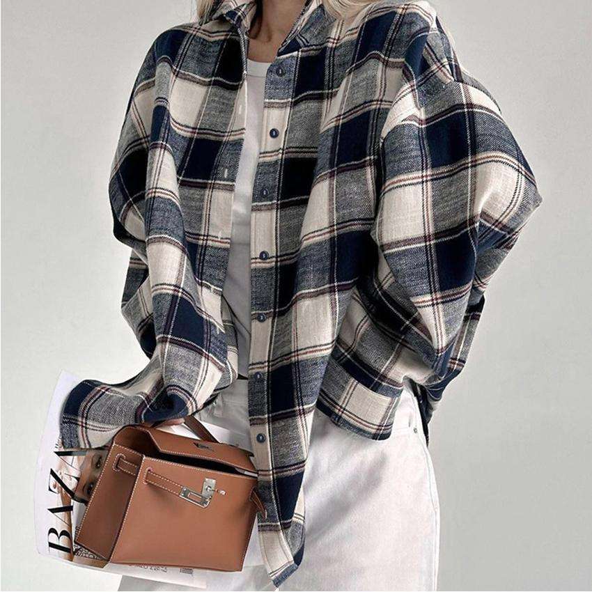 2024纹长袖衬衫宽松休闲慵懒风大格子衬衣外套欧美women clothes