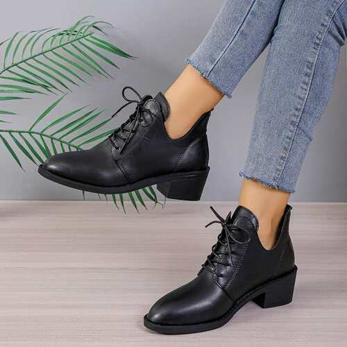 women shoes秋冬新款外贸大码女士坡跟女鞋temu纯色系带女鞋2024