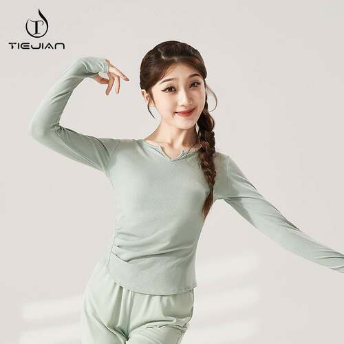 2025舞蹈服现代舞长袖秋冬修身V领上衣中国形体基训练功跳舞服装