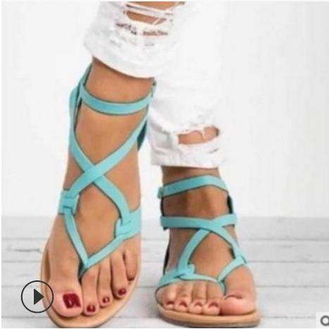 women shoes季欧美大码新款女马卡龙系带夹脚平底外贸女凉鞋2024