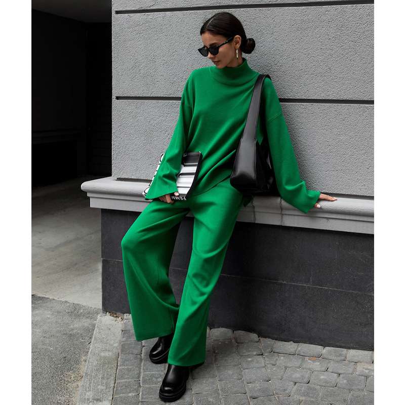2024衣套装秋冬街头潮流不规则毛衣+高腰阔腿针织裤women clothes