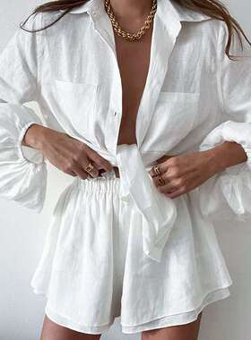 2024白色套装女装春夏长袖短裤两件套休闲时尚通勤women clothes