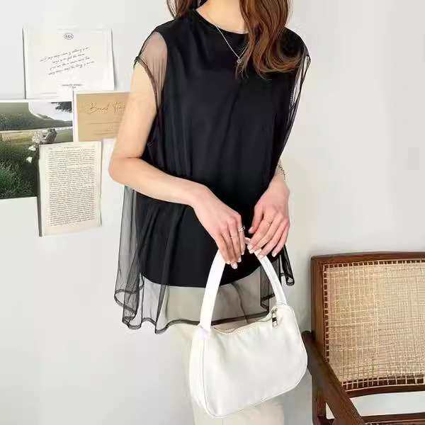 2024网纱套头针织衫上衣假两件women clothes