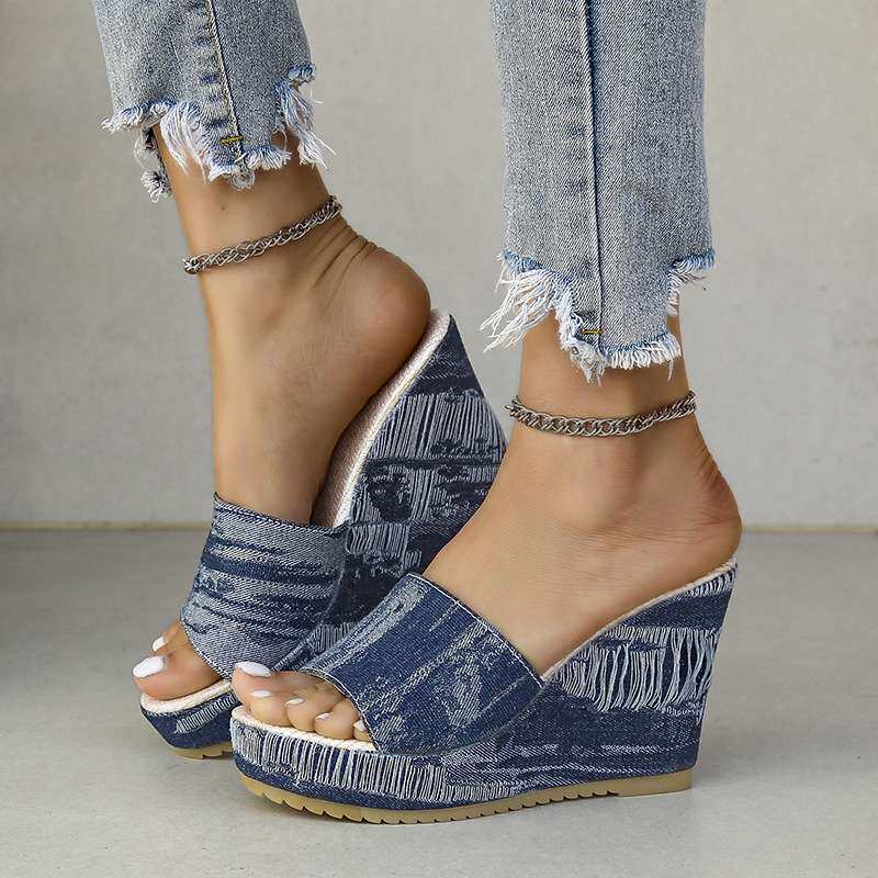women shoes款外贸大码民族风布料厚底女士超高跟坡跟凉鞋女2024