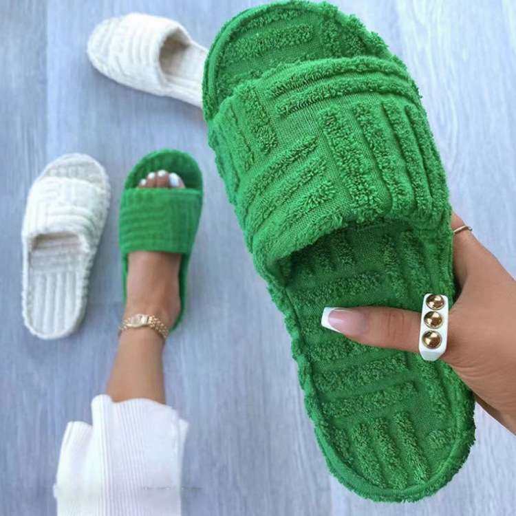 women shoes码厚底保暖毛毛拖鞋女秋冬欧美新款压花毛巾棉拖2024
