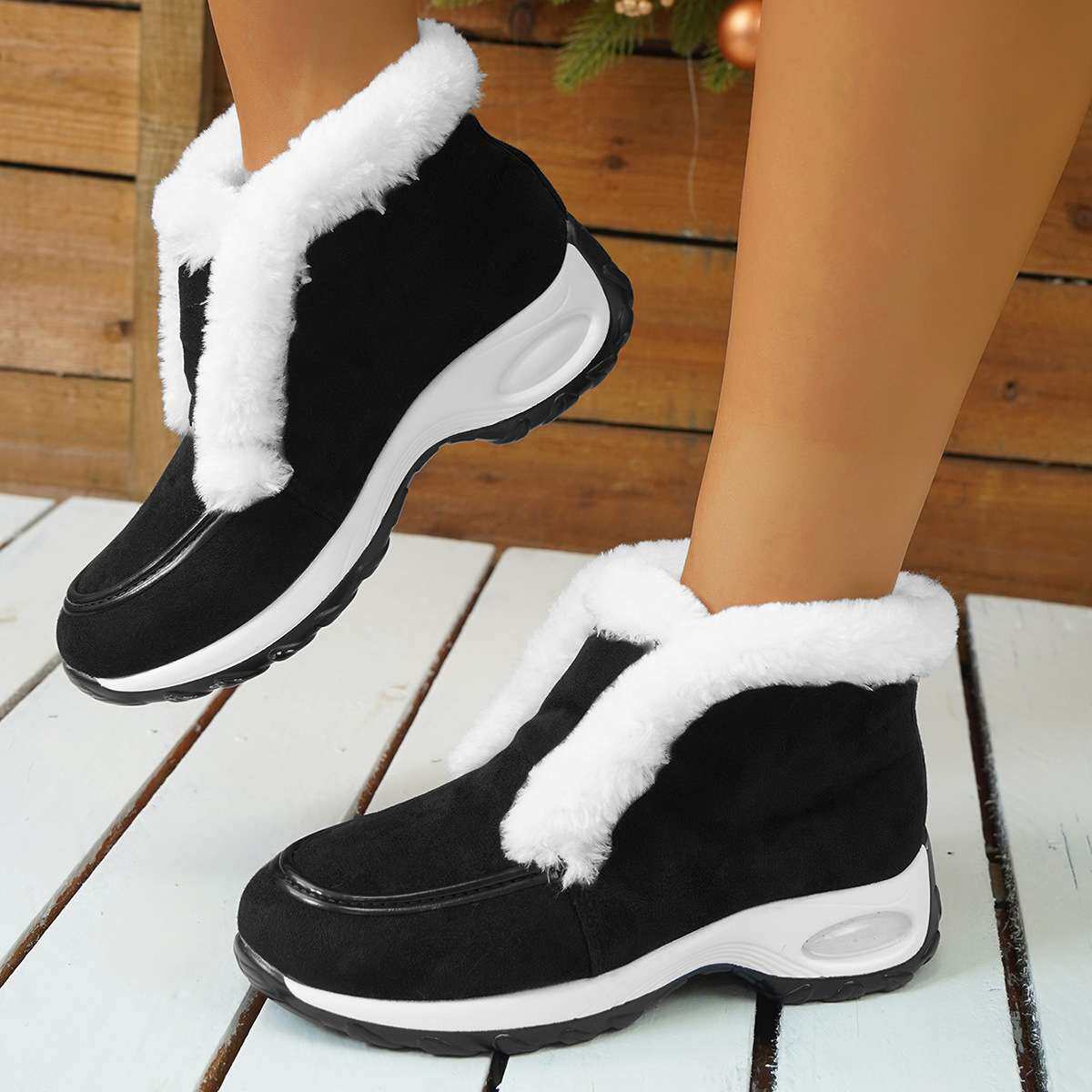 women shoes码女士加绒雪地靴鞋底气垫装饰欧美风格厚底圆头2024