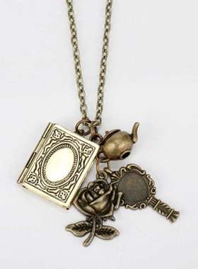 欧美创意复古美女与野兽魔法相册茶壶魔镜玫瑰花吊坠项链毛衣链