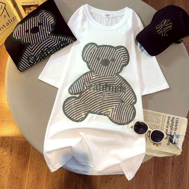 202400斤胖mmT恤女夏季新款宽松中长款小熊重工烫钻women clothes