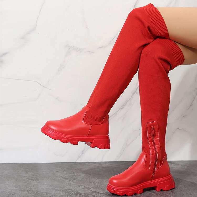 women shoes大码长筒靴欧美新款过膝圆头飞织靴子女厚底靴子2024