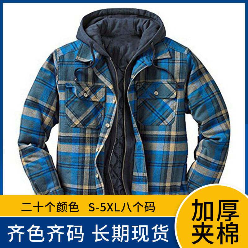 2025贸新款男装秋冬款加厚棉衣男格子印花宽松连帽外套夹克SY0004