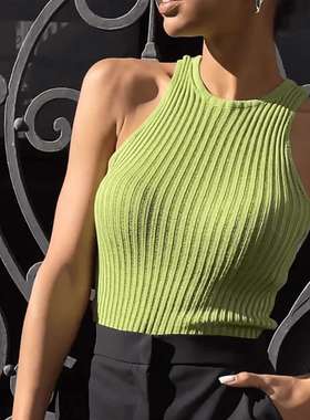 2024镂空针织背心欧美街头潮流圆领坑条Y2K针织背心women clothes