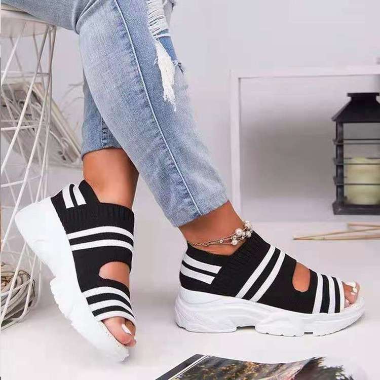 women shoes贸大码女士厚底飞织运动凉鞋聚氨酯鞋底网布透气2024