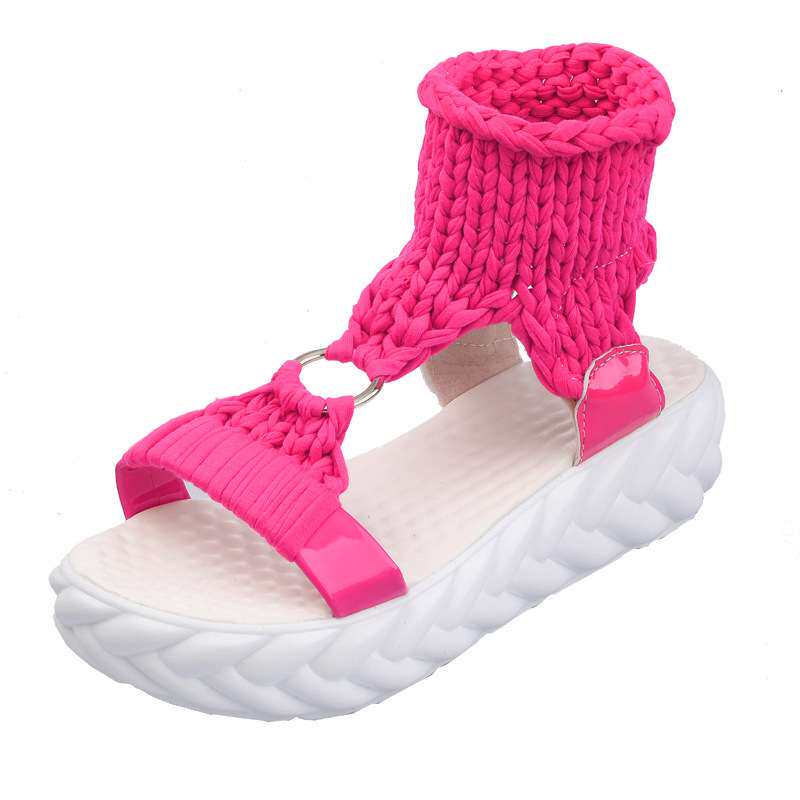 women shoes露趾松糕厚底凉鞋舒适毛线针织套脚罗马鞋sandal2024