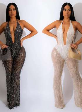 20246欧美时尚女装珠片流苏网纱透明无袖长裤连体裤women clothes