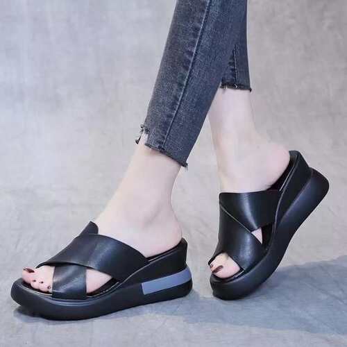 women shoes风时尚松糕跟交叉休闲外贸拖鞋新款超轻厚底坡跟2024
