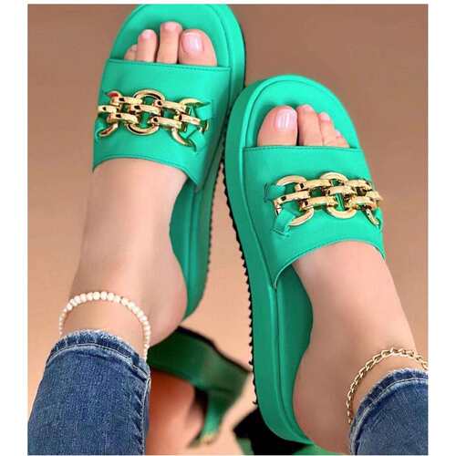 women shoes厚低拖鞋女新款欧美平底金属链装饰一字拖沙滩鞋2024