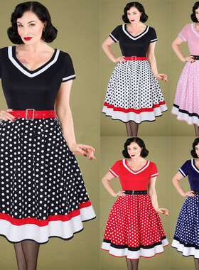 2024ebay欧美复古赫本风棉V领波点50s大摆连衣裙women clothes