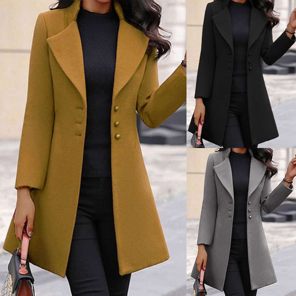 2024款韩版羊毛翻领显瘦纯色修身女式毛呢大衣外套women clothes